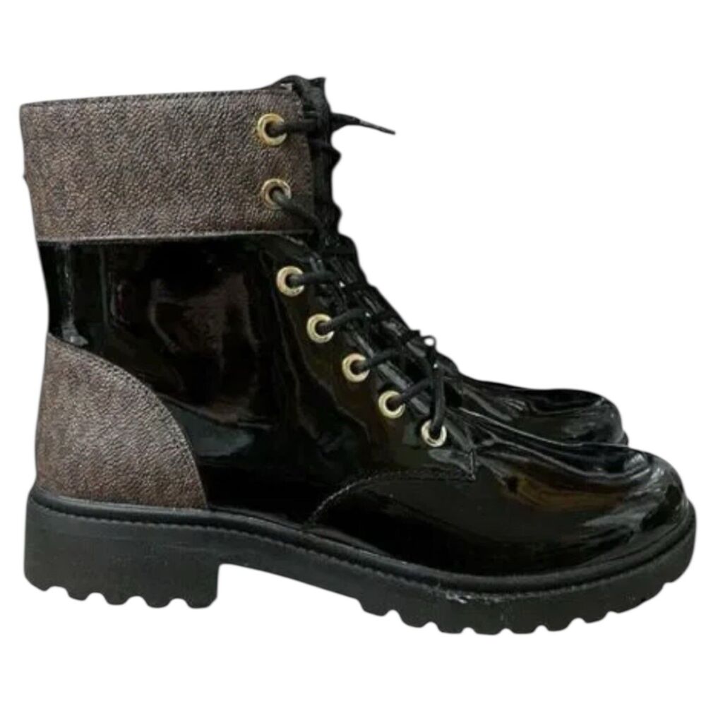 Michael Kors Black Brown Patent Combat Lug Sole‎ Alistair Bootie